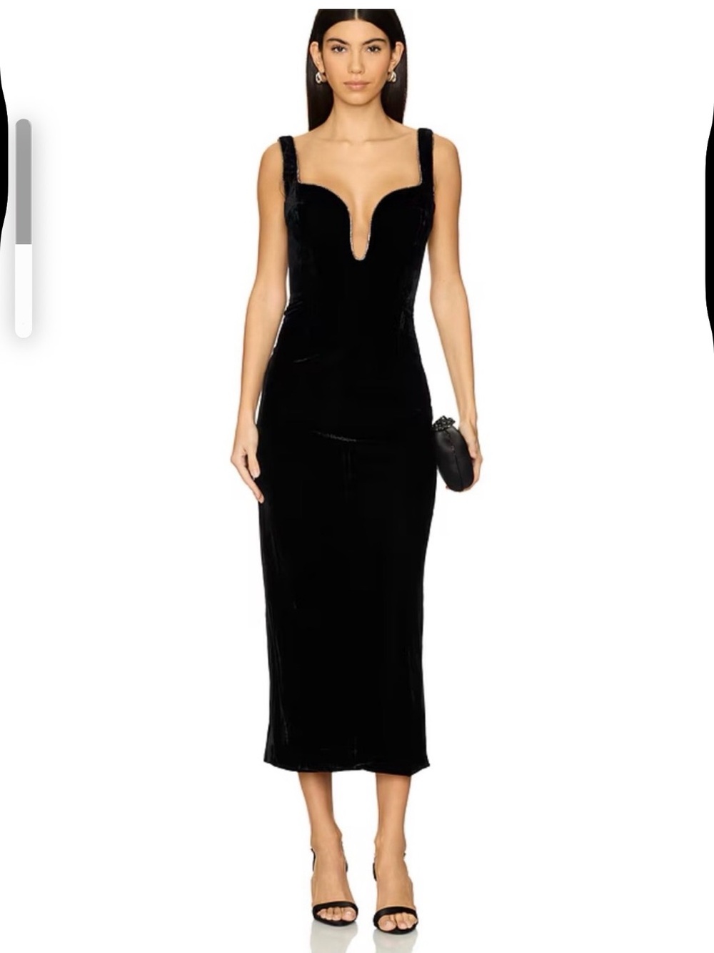 Bardot Black Velvet Plunge Midi Dress with Sculpted Neckline